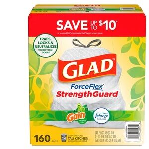 Glad ForceFlex Tall Kitchen Drawstring Trash Bags, 13 Gallon, 160 ct.